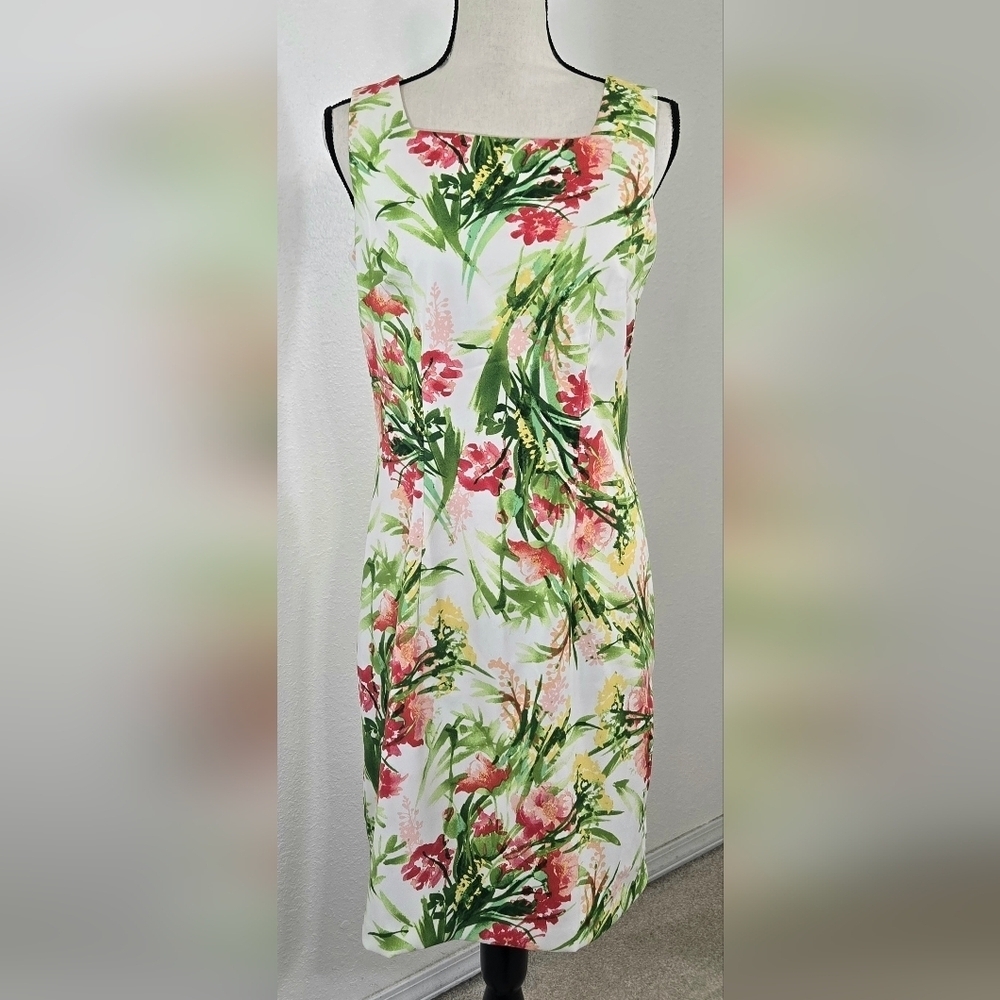 Dressbarn Floral Sleeveless Dress Cream/Salmon/Yellow/Green Office Church, 8